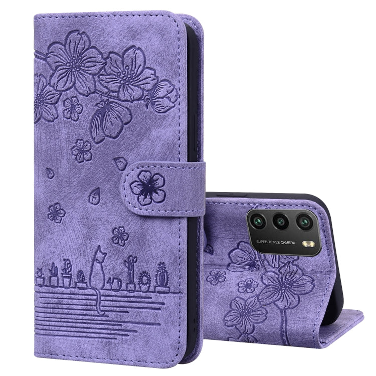 Cartoon Sakura Cat Embossed Leather Phone Case, For Xiaomi Poco F4 GT, For Xiaomi Poco M3 / Redmi 9T Global, For Xiaomi Poco X3 / X3 NFC, For Xiaomi Redmi K40 / K40 Pro
