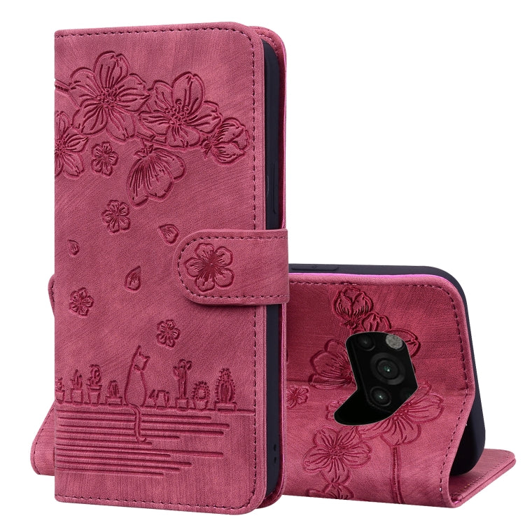 Cartoon Sakura Cat Embossed Leather Phone Case, For Xiaomi Poco F4 GT, For Xiaomi Poco M3 / Redmi 9T Global, For Xiaomi Poco X3 / X3 NFC, For Xiaomi Redmi K40 / K40 Pro