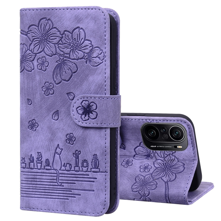 Cartoon Sakura Cat Embossed Leather Phone Case, For Xiaomi Poco F4 GT, For Xiaomi Poco M3 / Redmi 9T Global, For Xiaomi Poco X3 / X3 NFC, For Xiaomi Redmi K40 / K40 Pro