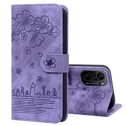 Cartoon Sakura Cat Embossed Leather Phone Case, For Xiaomi Poco F4 GT, For Xiaomi Poco M3 / Redmi 9T Global, For Xiaomi Poco X3 / X3 NFC, For Xiaomi Redmi K40 / K40 Pro