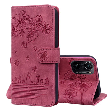 Cartoon Sakura Cat Embossed Leather Phone Case, For Xiaomi Poco F4 GT, For Xiaomi Poco M3 / Redmi 9T Global, For Xiaomi Poco X3 / X3 NFC, For Xiaomi Redmi K40 / K40 Pro