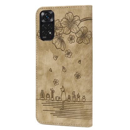Cartoon Sakura Cat Embossed Leather Phone Case, For Xiaomi Redmi Note 11 Pro 4G / 5G, For Xiaomi Poco M4 Pro 4G Global, For Xiaomi Poco M4 Pro 5G Global, For Xiaomi Mi 11 Lite 4G / 5G