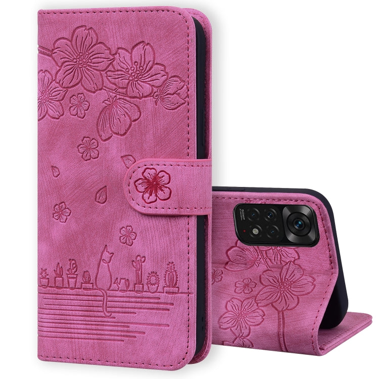 Cartoon Sakura Cat Embossed Leather Phone Case, For Xiaomi Redmi Note 11 Pro 4G / 5G, For Xiaomi Poco M4 Pro 4G Global, For Xiaomi Poco M4 Pro 5G Global, For Xiaomi Mi 11 Lite 4G / 5G