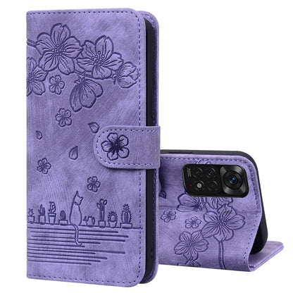 Cartoon Sakura Cat Embossed Leather Phone Case, For Xiaomi Redmi Note 11 Pro 4G / 5G, For Xiaomi Poco M4 Pro 4G Global, For Xiaomi Poco M4 Pro 5G Global, For Xiaomi Mi 11 Lite 4G / 5G