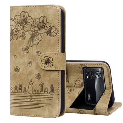 Cartoon Sakura Cat Embossed Leather Phone Case, For Xiaomi Redmi Note 11 Pro 4G / 5G, For Xiaomi Poco M4 Pro 4G Global, For Xiaomi Poco M4 Pro 5G Global, For Xiaomi Mi 11 Lite 4G / 5G