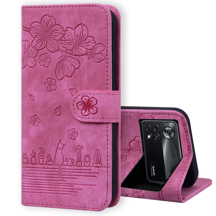 Cartoon Sakura Cat Embossed Leather Phone Case, For Xiaomi Redmi Note 11 Pro 4G / 5G, For Xiaomi Poco M4 Pro 4G Global, For Xiaomi Poco M4 Pro 5G Global, For Xiaomi Mi 11 Lite 4G / 5G