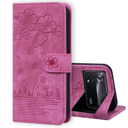 Cartoon Sakura Cat Embossed Leather Phone Case, For Xiaomi Redmi Note 11 Pro 4G / 5G, For Xiaomi Poco M4 Pro 4G Global, For Xiaomi Poco M4 Pro 5G Global, For Xiaomi Mi 11 Lite 4G / 5G