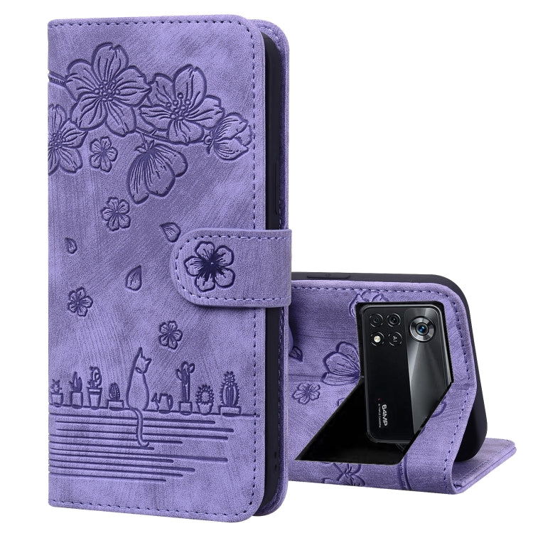 Cartoon Sakura Cat Embossed Leather Phone Case, For Xiaomi Redmi Note 11 Pro 4G / 5G, For Xiaomi Poco M4 Pro 4G Global, For Xiaomi Poco M4 Pro 5G Global, For Xiaomi Mi 11 Lite 4G / 5G