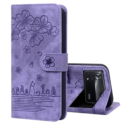 Cartoon Sakura Cat Embossed Leather Phone Case, For Xiaomi Redmi Note 11 Pro 4G / 5G, For Xiaomi Poco M4 Pro 4G Global, For Xiaomi Poco M4 Pro 5G Global, For Xiaomi Mi 11 Lite 4G / 5G