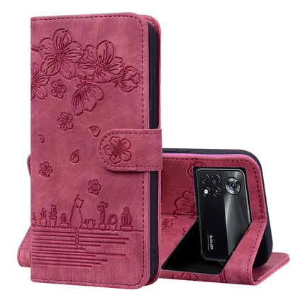 Cartoon Sakura Cat Embossed Leather Phone Case, For Xiaomi Redmi Note 11 Pro 4G / 5G, For Xiaomi Poco M4 Pro 4G Global, For Xiaomi Poco M4 Pro 5G Global, For Xiaomi Mi 11 Lite 4G / 5G