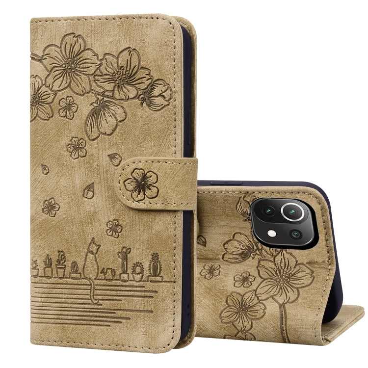 Cartoon Sakura Cat Embossed Leather Phone Case, For Xiaomi Redmi Note 11 Pro 4G / 5G, For Xiaomi Poco M4 Pro 4G Global, For Xiaomi Poco M4 Pro 5G Global, For Xiaomi Mi 11 Lite 4G / 5G