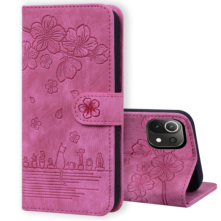 Cartoon Sakura Cat Embossed Leather Phone Case, For Xiaomi Redmi Note 11 Pro 4G / 5G, For Xiaomi Poco M4 Pro 4G Global, For Xiaomi Poco M4 Pro 5G Global, For Xiaomi Mi 11 Lite 4G / 5G