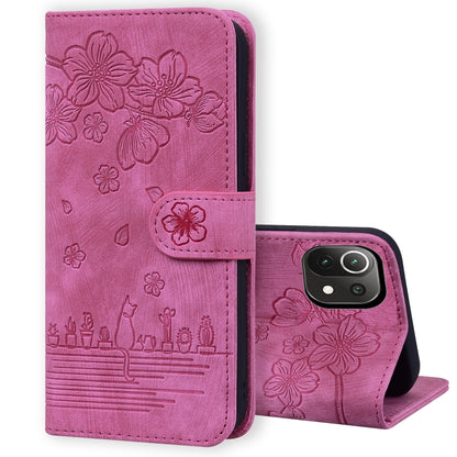 Cartoon Sakura Cat Embossed Leather Phone Case, For Xiaomi Redmi Note 11 Pro 4G / 5G, For Xiaomi Poco M4 Pro 4G Global, For Xiaomi Poco M4 Pro 5G Global, For Xiaomi Mi 11 Lite 4G / 5G