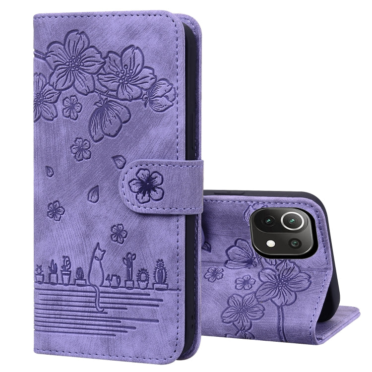 Cartoon Sakura Cat Embossed Leather Phone Case, For Xiaomi Redmi Note 11 Pro 4G / 5G, For Xiaomi Poco M4 Pro 4G Global, For Xiaomi Poco M4 Pro 5G Global, For Xiaomi Mi 11 Lite 4G / 5G