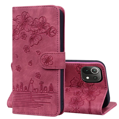 Cartoon Sakura Cat Embossed Leather Phone Case, For Xiaomi Redmi Note 11 Pro 4G / 5G, For Xiaomi Poco M4 Pro 4G Global, For Xiaomi Poco M4 Pro 5G Global, For Xiaomi Mi 11 Lite 4G / 5G