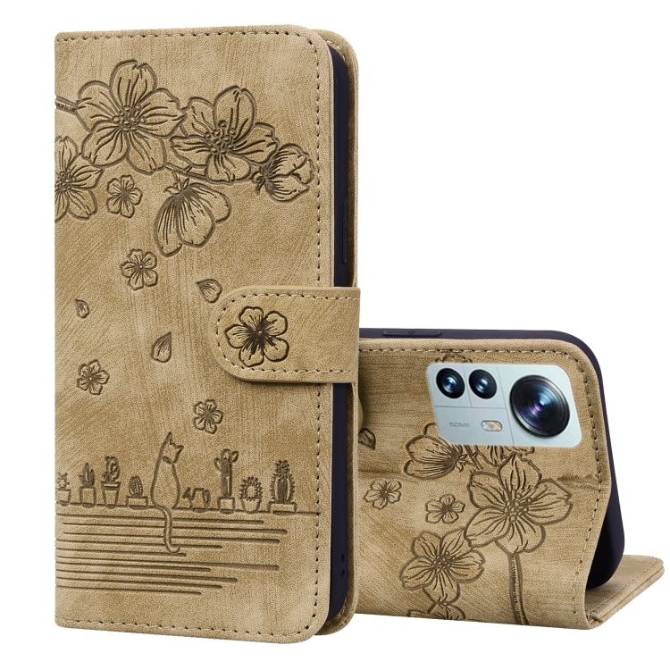 Cartoon Sakura Cat Embossed Leather Phone Case, For Xiaomi 12 Pro / 12S Pro, For Xiaomi 12 / 12S / 12X, For Xiaomi Redmi Note 11 / Note 11S Global