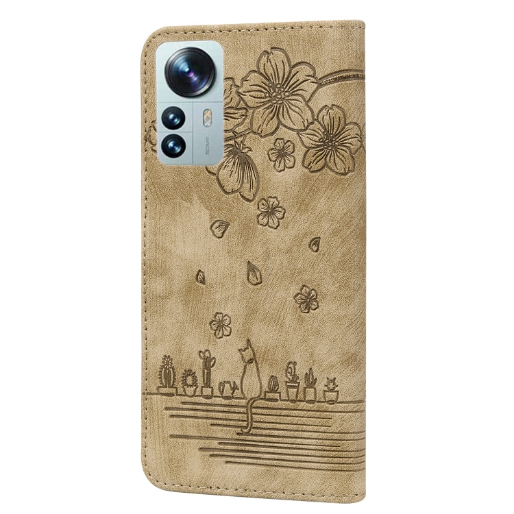 Cartoon Sakura Cat Embossed Leather Phone Case, For Xiaomi 12 Pro / 12S Pro, For Xiaomi 12 / 12S / 12X, For Xiaomi Redmi Note 11 / Note 11S Global