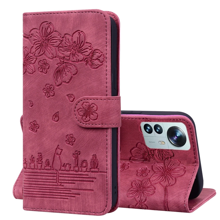 Cartoon Sakura Cat Embossed Leather Phone Case, For Xiaomi 12 Pro / 12S Pro, For Xiaomi 12 / 12S / 12X, For Xiaomi Redmi Note 11 / Note 11S Global
