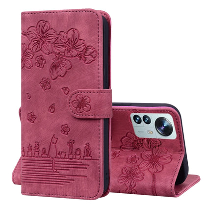 Cartoon Sakura Cat Embossed Leather Phone Case, For Xiaomi 12 Pro / 12S Pro, For Xiaomi 12 / 12S / 12X, For Xiaomi Redmi Note 11 / Note 11S Global