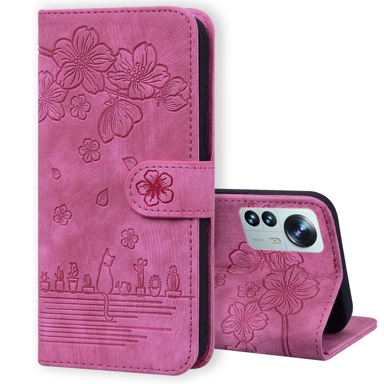 Cartoon Sakura Cat Embossed Leather Phone Case, For Xiaomi 12 Pro / 12S Pro, For Xiaomi 12 / 12S / 12X, For Xiaomi Redmi Note 11 / Note 11S Global