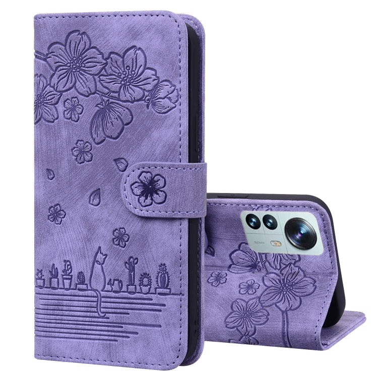 Cartoon Sakura Cat Embossed Leather Phone Case, For Xiaomi 12 Pro / 12S Pro, For Xiaomi 12 / 12S / 12X, For Xiaomi Redmi Note 11 / Note 11S Global