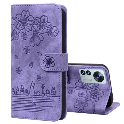 Cartoon Sakura Cat Embossed Leather Phone Case, For Xiaomi 12 Pro / 12S Pro, For Xiaomi 12 / 12S / 12X, For Xiaomi Redmi Note 11 / Note 11S Global