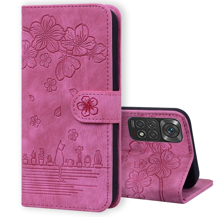 Cartoon Sakura Cat Embossed Leather Phone Case, For Xiaomi 12 Pro / 12S Pro, For Xiaomi 12 / 12S / 12X, For Xiaomi Redmi Note 11 / Note 11S Global