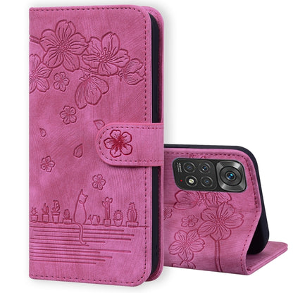 Cartoon Sakura Cat Embossed Leather Phone Case, For Xiaomi 12 Pro / 12S Pro, For Xiaomi 12 / 12S / 12X, For Xiaomi Redmi Note 11 / Note 11S Global