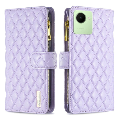 Diamond Lattice Zipper Wallet Leather Flip Phone Case, For Realme C30