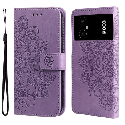 7-petal Flowers Embossing Leather Phone Case, For Xiaomi Poco M4 5G