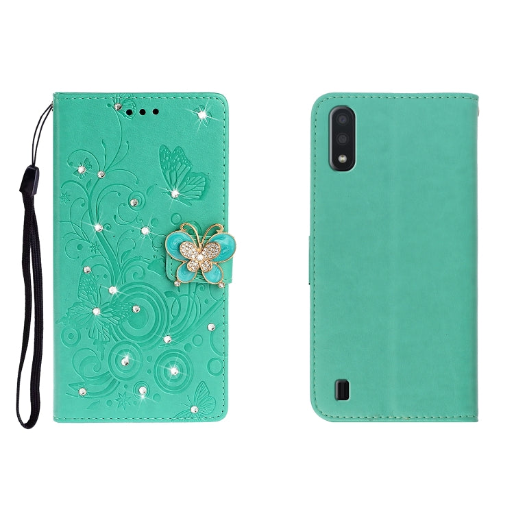 Horizontal Rhinestone Butterfly Embossed Leather Case with Card Slot & Wallet & Holder, For Galaxy A01, For OPPO A11, For Galaxy A21, For Galaxy A41