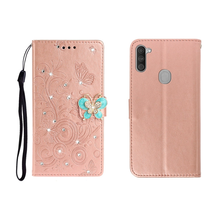 Horizontal Rhinestone Butterfly Embossed Leather Case with Card Slot & Wallet & Holder, For Galaxy A01, For OPPO A11, For Galaxy A21, For Galaxy A41