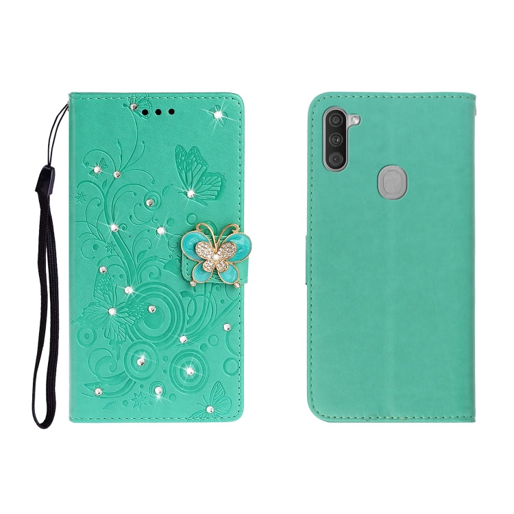 Horizontal Rhinestone Butterfly Embossed Leather Case with Card Slot & Wallet & Holder, For Galaxy A01, For OPPO A11, For Galaxy A21, For Galaxy A41