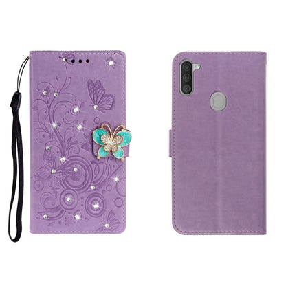 Horizontal Rhinestone Butterfly Embossed Leather Case with Card Slot & Wallet & Holder, For Galaxy A01, For OPPO A11, For Galaxy A21, For Galaxy A41
