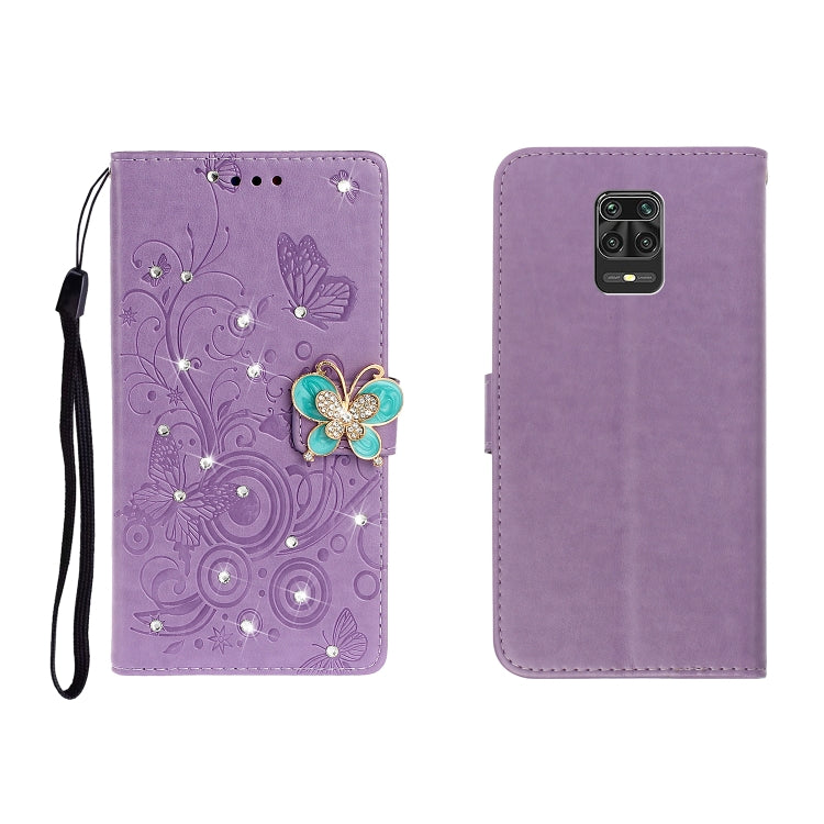 Horizontal Rhinestone Butterfly Embossed Leather Case with Card Slot & Wallet & Holder, For Xiaomi Redmi Note 9 Pro