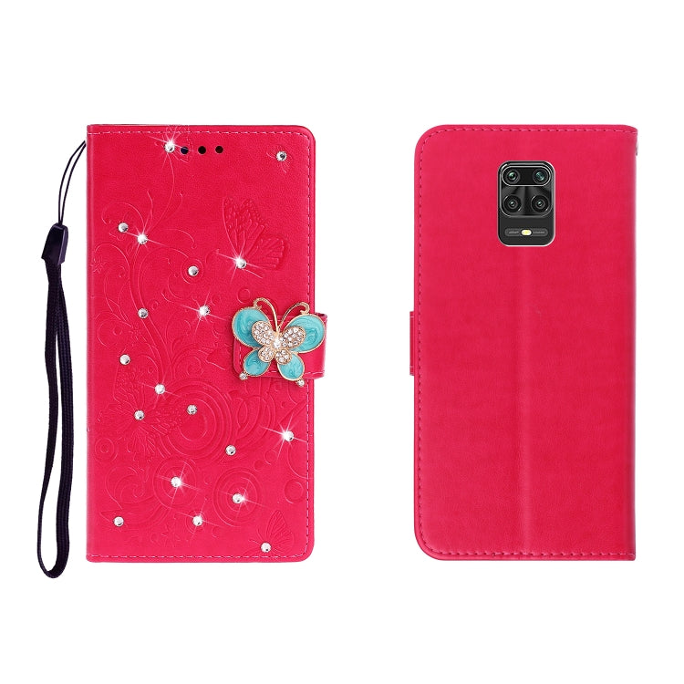 Horizontal Rhinestone Butterfly Embossed Leather Case with Card Slot & Wallet & Holder, For Xiaomi Redmi Note 9 Pro
