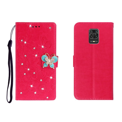 Horizontal Rhinestone Butterfly Embossed Leather Case with Card Slot & Wallet & Holder, For Xiaomi Redmi Note 9 Pro