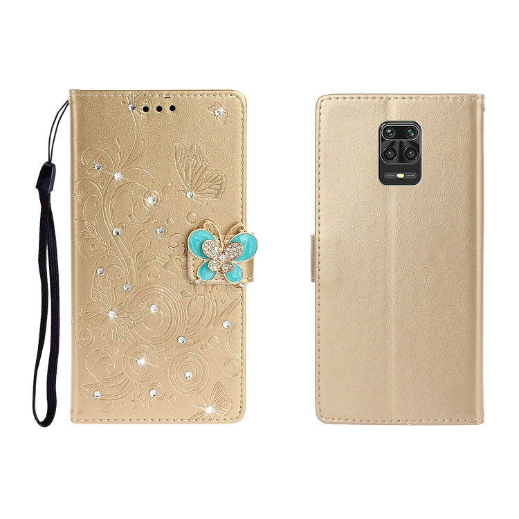 Horizontal Rhinestone Butterfly Embossed Leather Case with Card Slot & Wallet & Holder, For Xiaomi Redmi Note 9 Pro