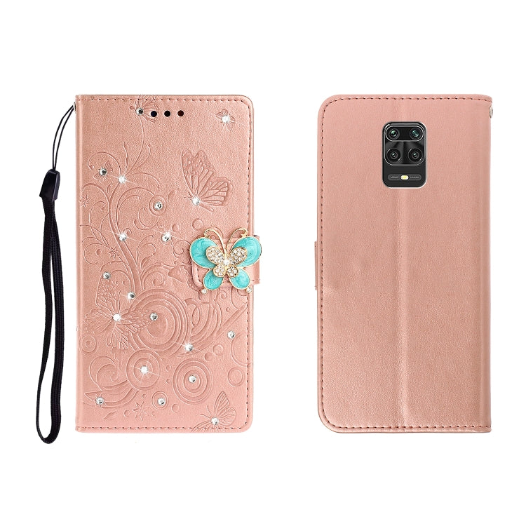 Horizontal Rhinestone Butterfly Embossed Leather Case with Card Slot & Wallet & Holder, For Xiaomi Redmi Note 9 Pro