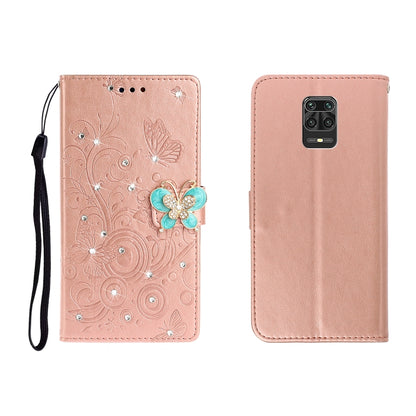 Horizontal Rhinestone Butterfly Embossed Leather Case with Card Slot & Wallet & Holder, For Xiaomi Redmi Note 9 Pro