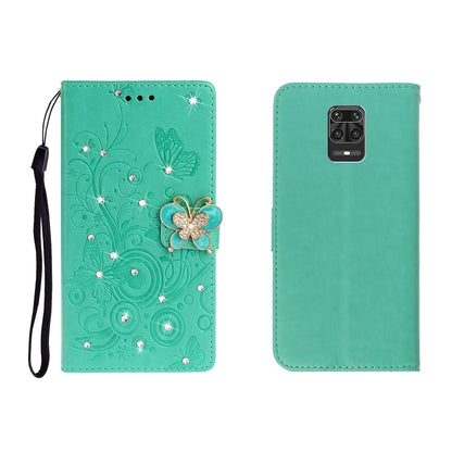 Horizontal Rhinestone Butterfly Embossed Leather Case with Card Slot & Wallet & Holder, For Xiaomi Redmi Note 9 Pro