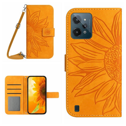 Skin Feel Sun Flower Pattern Flip Leather Phone Case with Lanyard, For Realme C31, For Realme C33