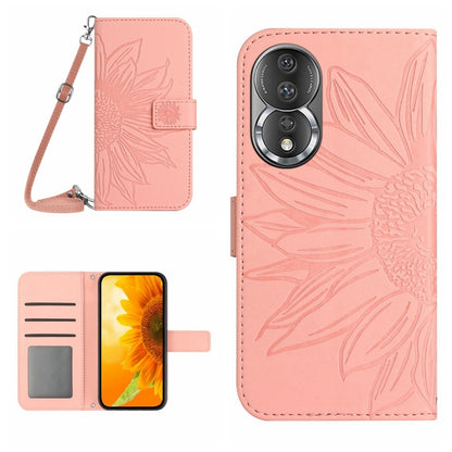 HT04 Skin Feel Sun Flower Embossed Flip Leather Phone Case with Lanyard, For Honor 80, For Honor 80 Pro