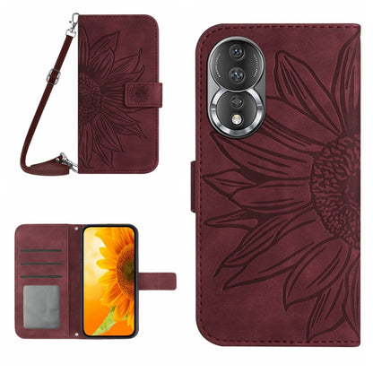 HT04 Skin Feel Sun Flower Embossed Flip Leather Phone Case with Lanyard, For Honor 80, For Honor 80 Pro