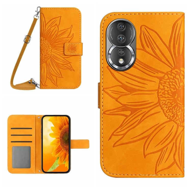 HT04 Skin Feel Sun Flower Embossed Flip Leather Phone Case with Lanyard, For Honor 80, For Honor 80 Pro