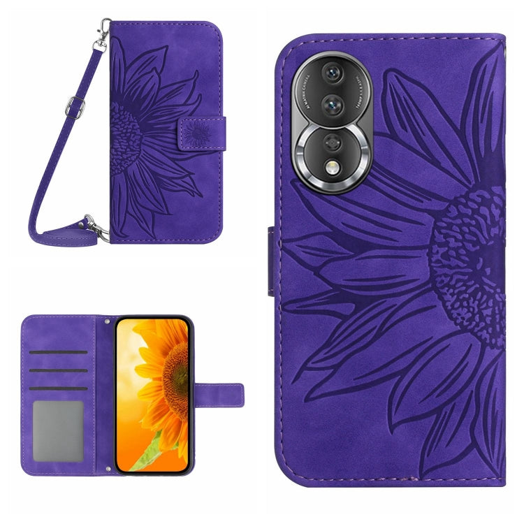 HT04 Skin Feel Sun Flower Embossed Flip Leather Phone Case with Lanyard, For Honor 80, For Honor 80 Pro