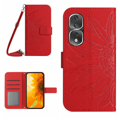 HT04 Skin Feel Sun Flower Embossed Flip Leather Phone Case with Lanyard, For Honor 80, For Honor 80 Pro