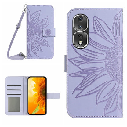 HT04 Skin Feel Sun Flower Embossed Flip Leather Phone Case with Lanyard, For Honor 80, For Honor 80 Pro
