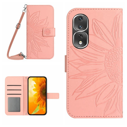 HT04 Skin Feel Sun Flower Embossed Flip Leather Phone Case with Lanyard, For Honor 80, For Honor 80 Pro