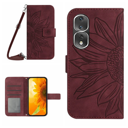 HT04 Skin Feel Sun Flower Embossed Flip Leather Phone Case with Lanyard, For Honor 80, For Honor 80 Pro